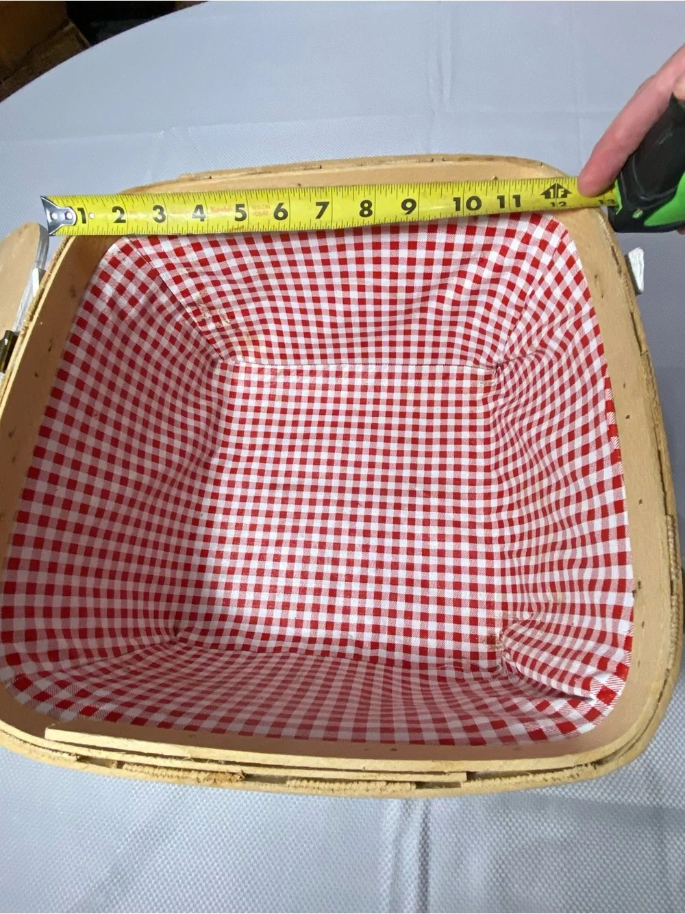 Woven Straw picnic basket w/White Handles red checkered lining